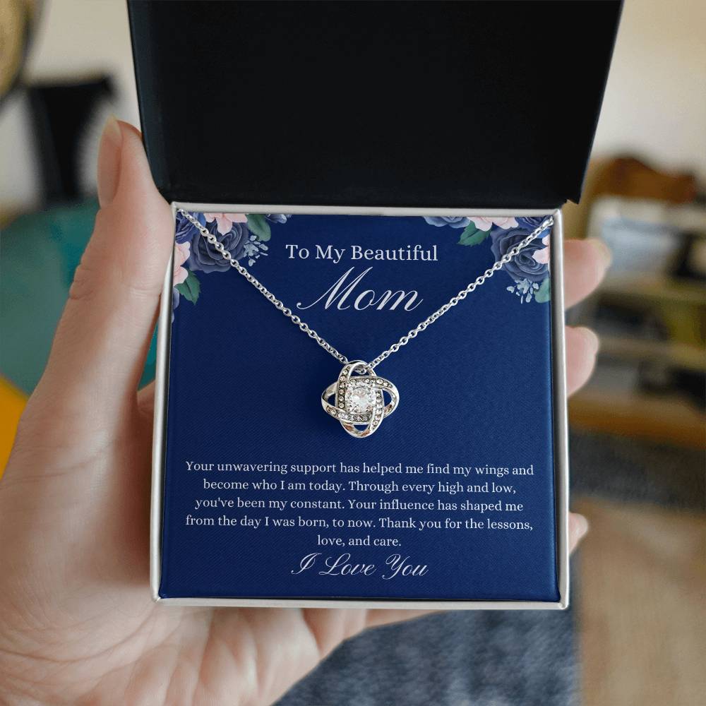 To My Beautiful Mom - Blue Flower Love Knot Necklace