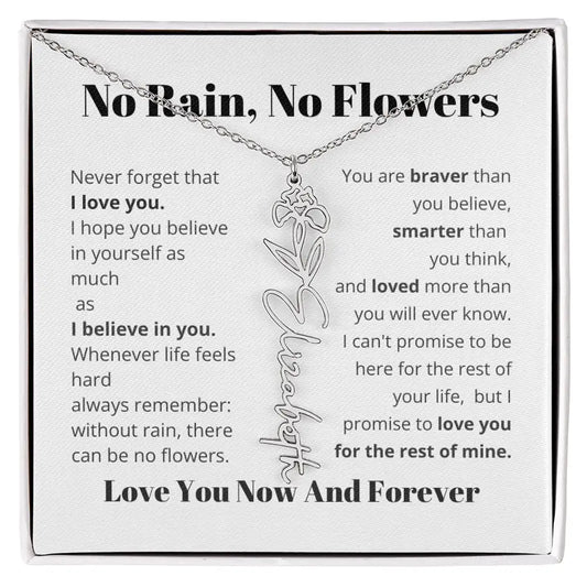 No Rain, No Flowers Birth Month Personalized Name Necklace