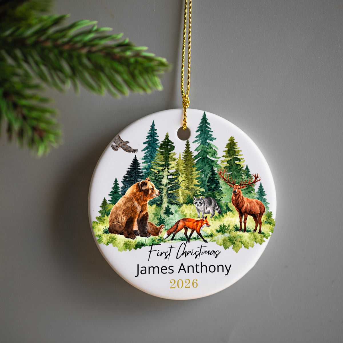 Personalized First Christmas Woodland Ceramic Ornament with Gift Box