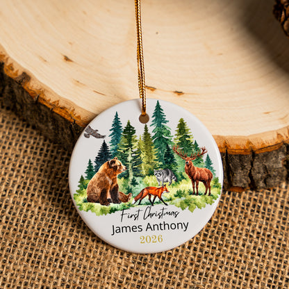 Personalized First Christmas Woodland Ceramic Ornament with Gift Box