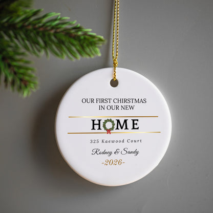 Our First Christmas In Our New Home Wreath Ceramic Ornament with Gift Box