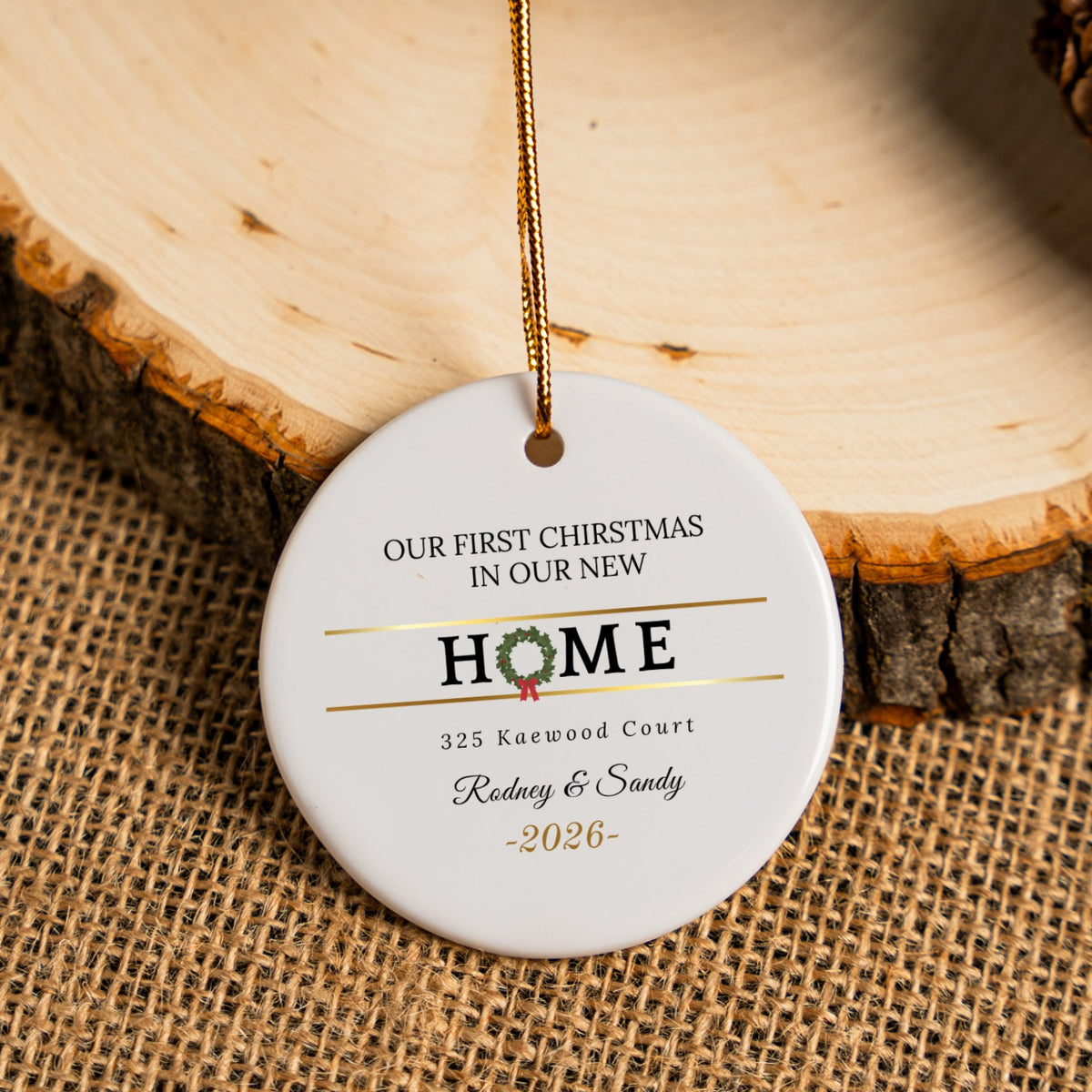 Our First Christmas In Our New Home Wreath Ceramic Ornament with Gift Box