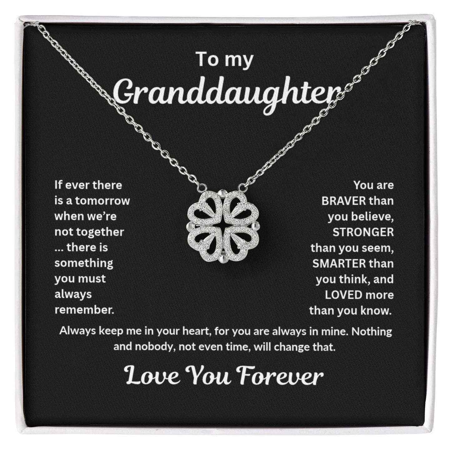 Granddaughter Necklace Magnetic Hearts Lucky Clover Braver Stronger Smarter Black