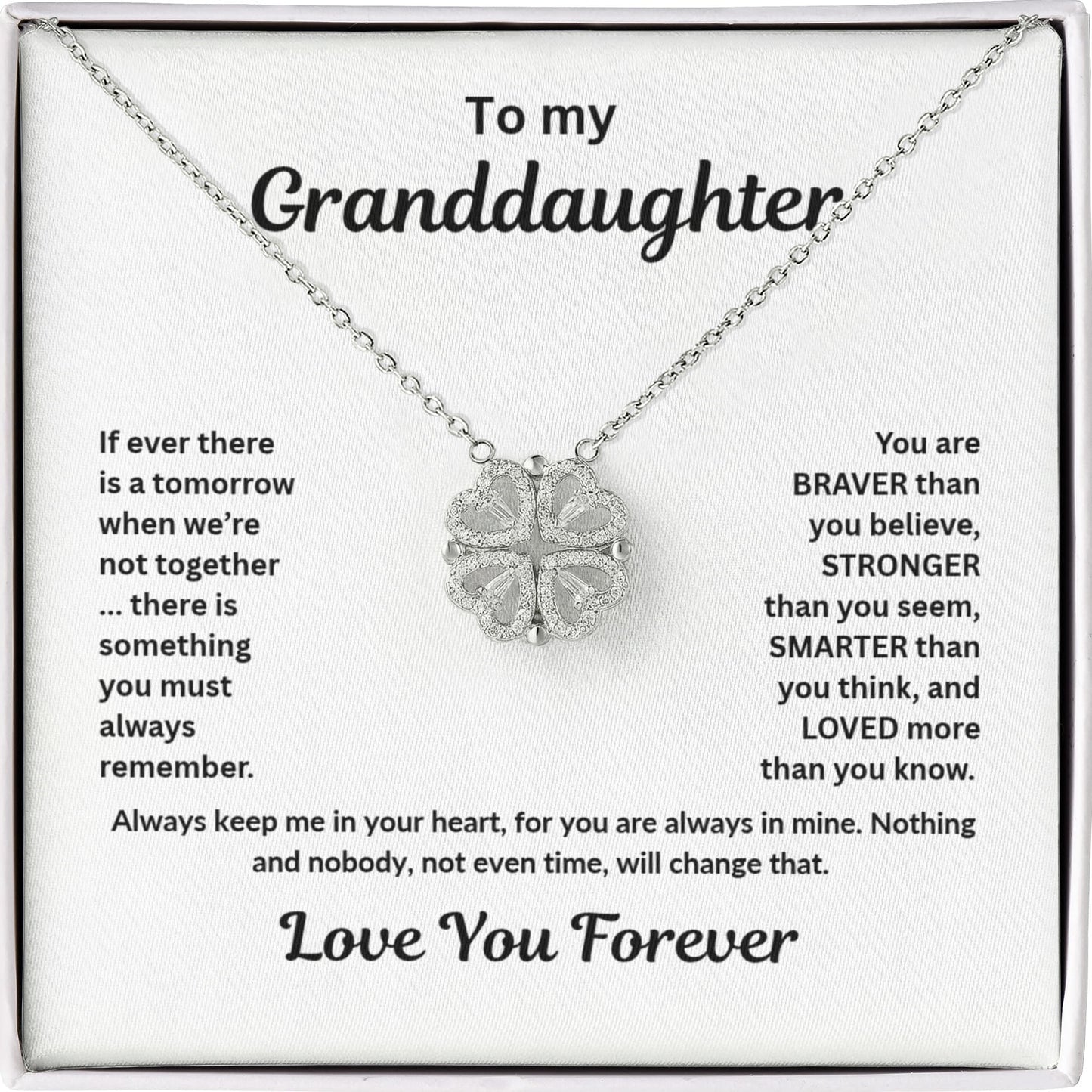 Granddaughter Necklace Magnetic Hearts Lucky Clover Braver Stronger Smarter White