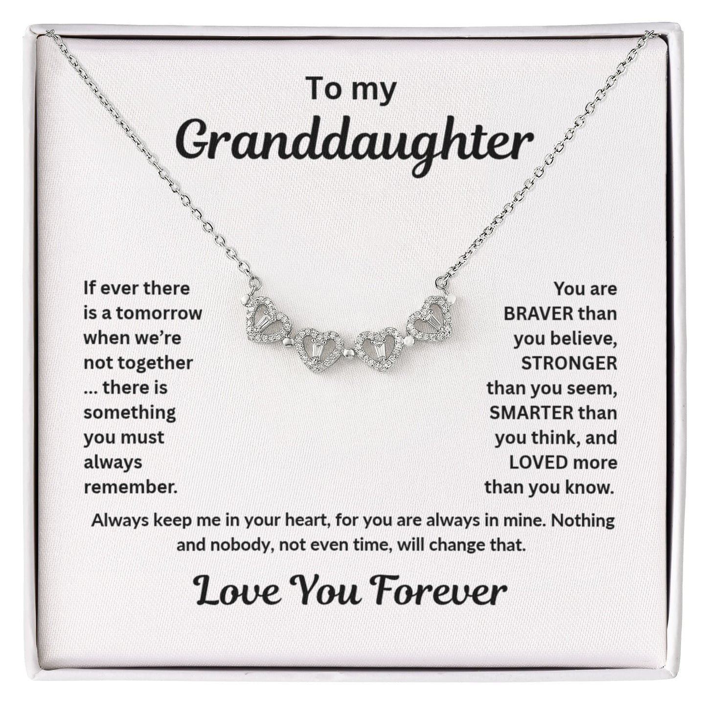 Granddaughter Necklace Magnetic Hearts Lucky Clover Braver Stronger Smarter White