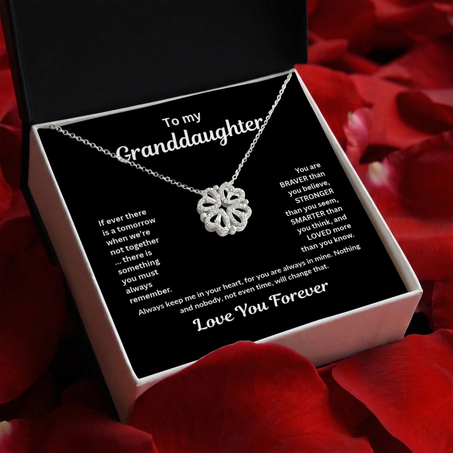 Granddaughter Necklace Magnetic Hearts Lucky Clover Braver Stronger Smarter Black
