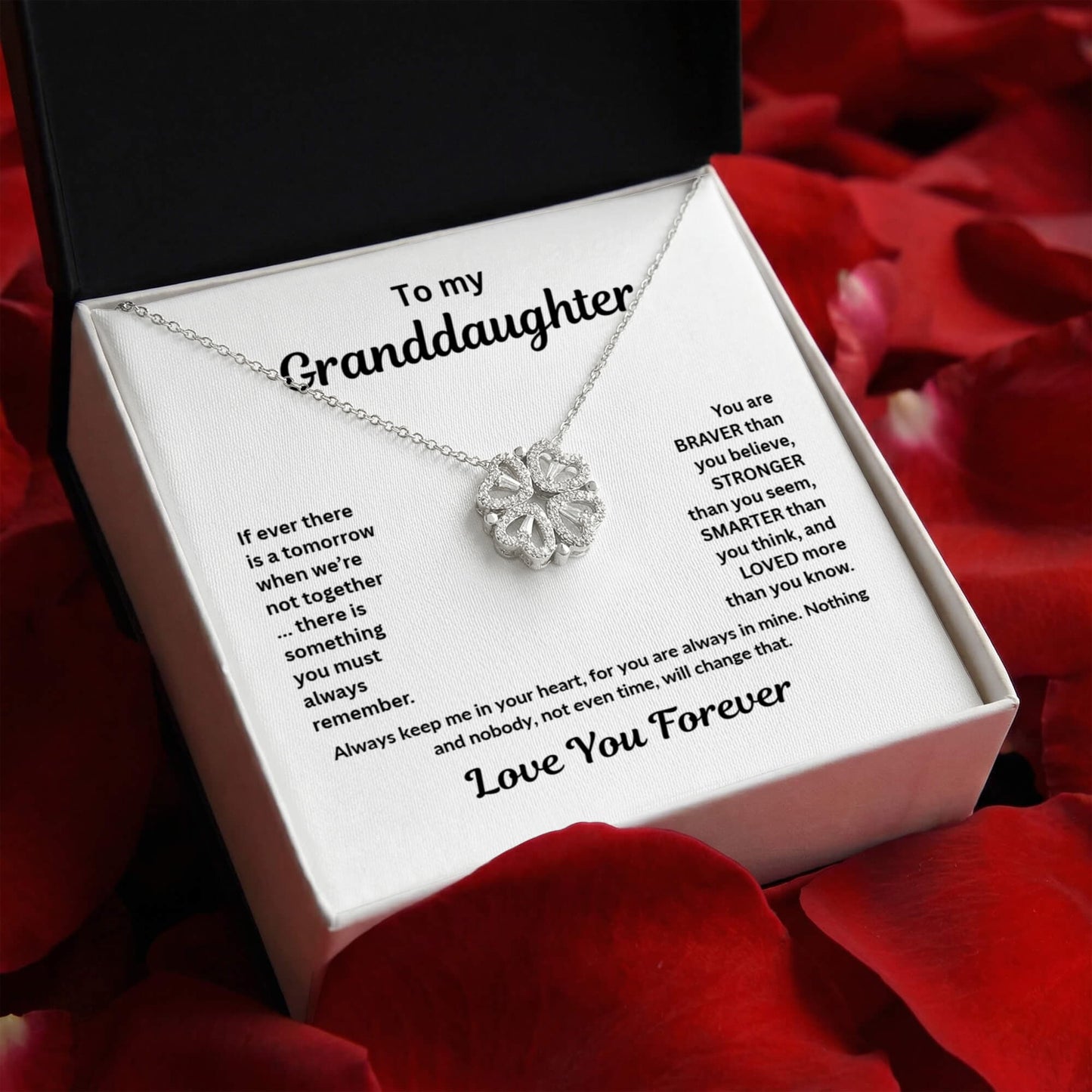 Granddaughter Necklace Magnetic Hearts Lucky Clover Braver Stronger Smarter White