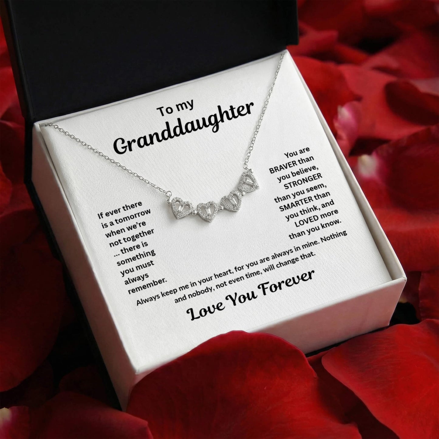 Granddaughter Necklace Magnetic Hearts Lucky Clover Braver Stronger Smarter White