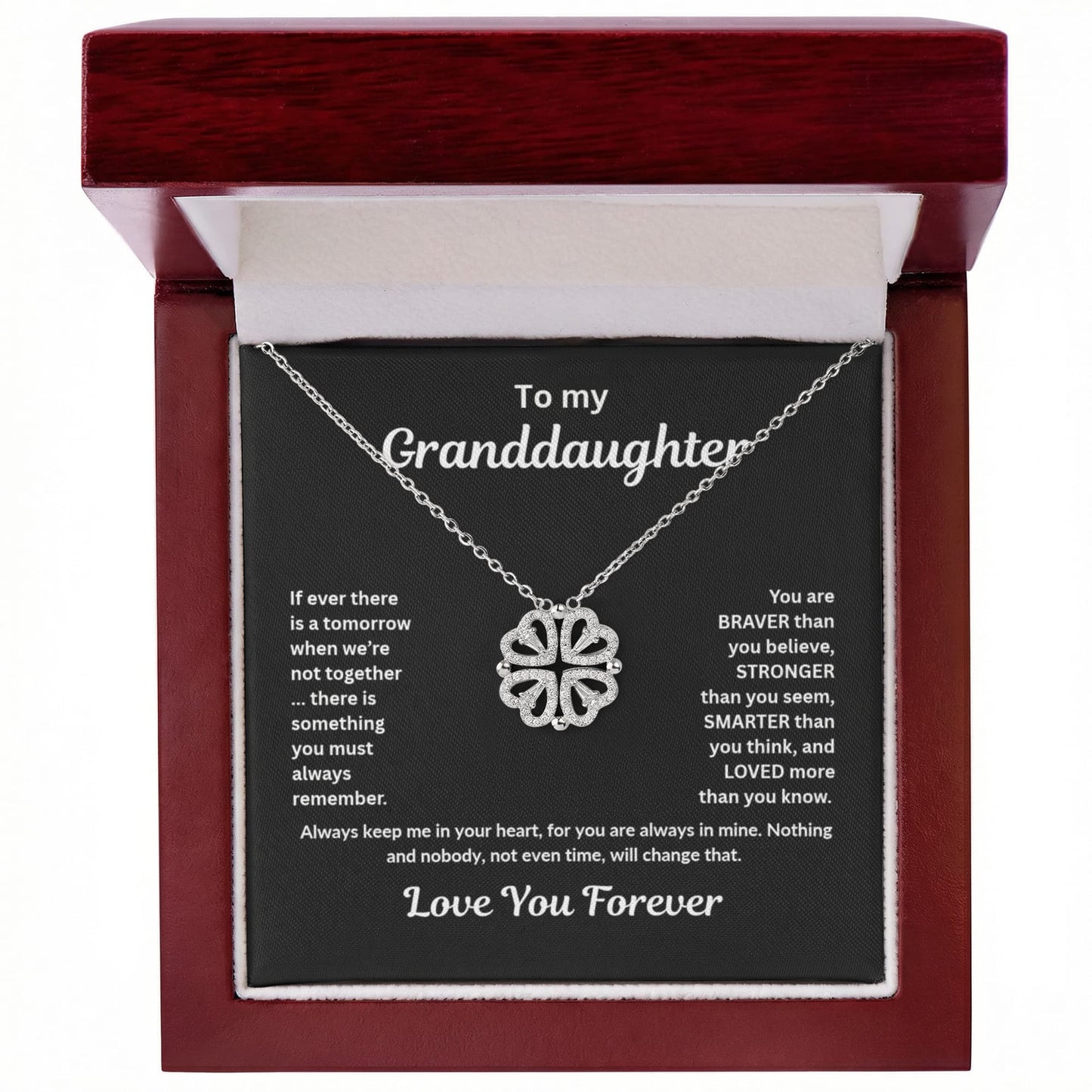Granddaughter Necklace Magnetic Hearts Lucky Clover Braver Stronger Smarter Black