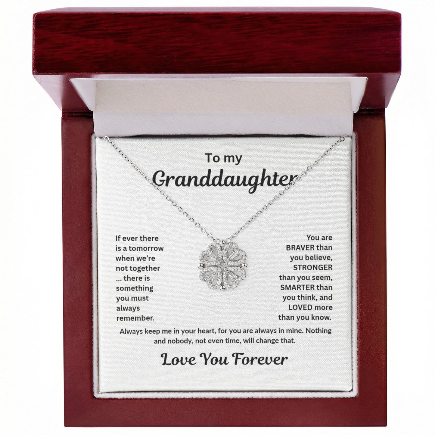 Granddaughter Necklace Magnetic Hearts Lucky Clover Braver Stronger Smarter White