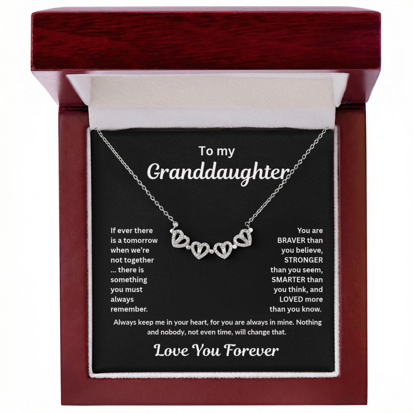 Granddaughter Necklace Magnetic Hearts Lucky Clover Braver Stronger Smarter Black