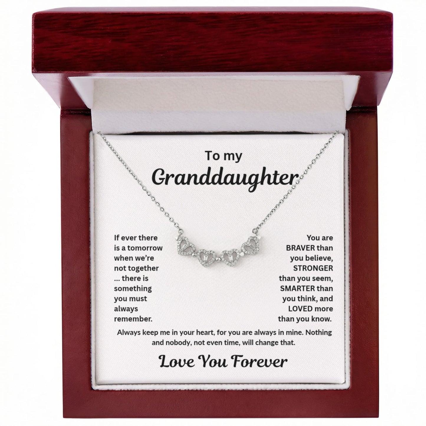 Granddaughter Necklace Magnetic Hearts Lucky Clover Braver Stronger Smarter White