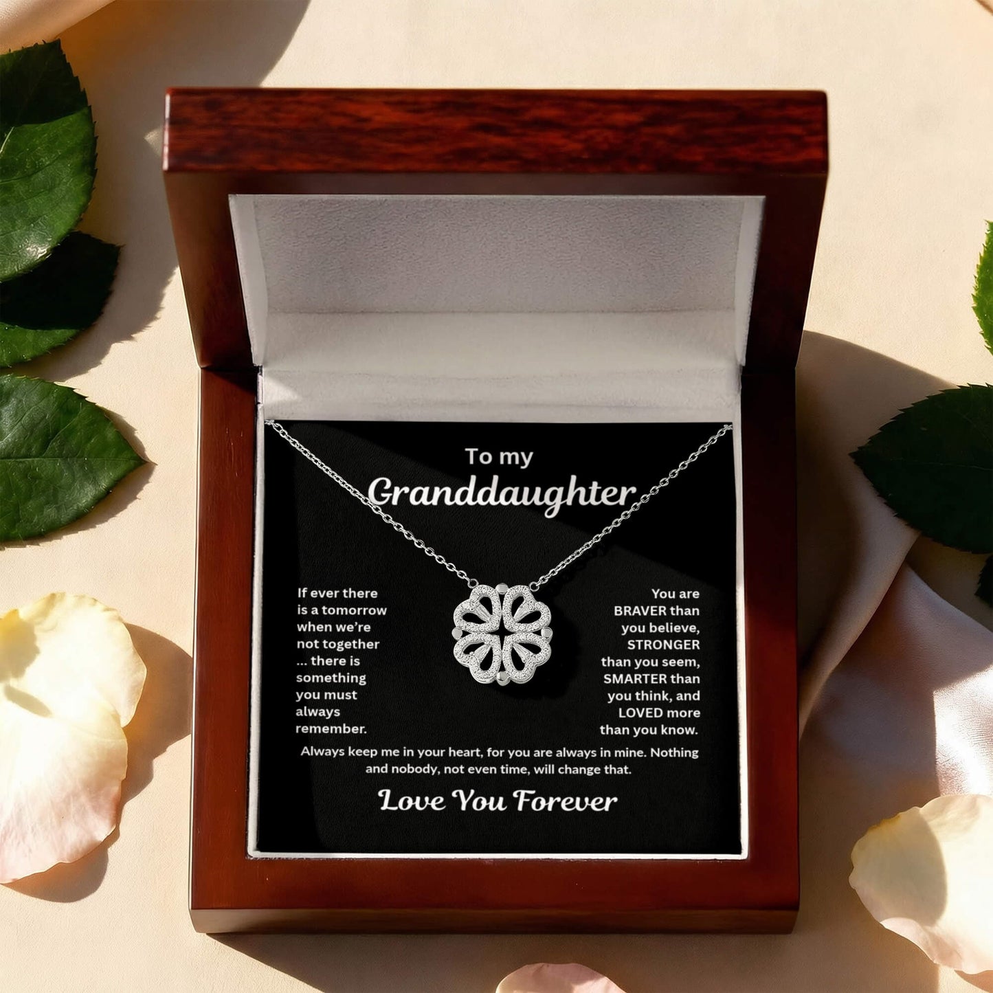 Granddaughter Necklace Magnetic Hearts Lucky Clover Braver Stronger Smarter Black