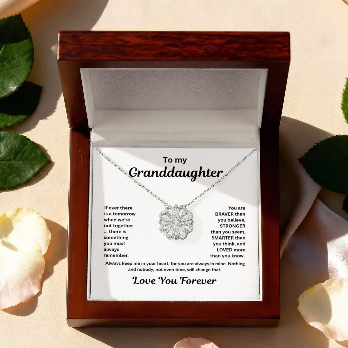 Granddaughter Necklace Magnetic Hearts Lucky Clover Braver Stronger Smarter White