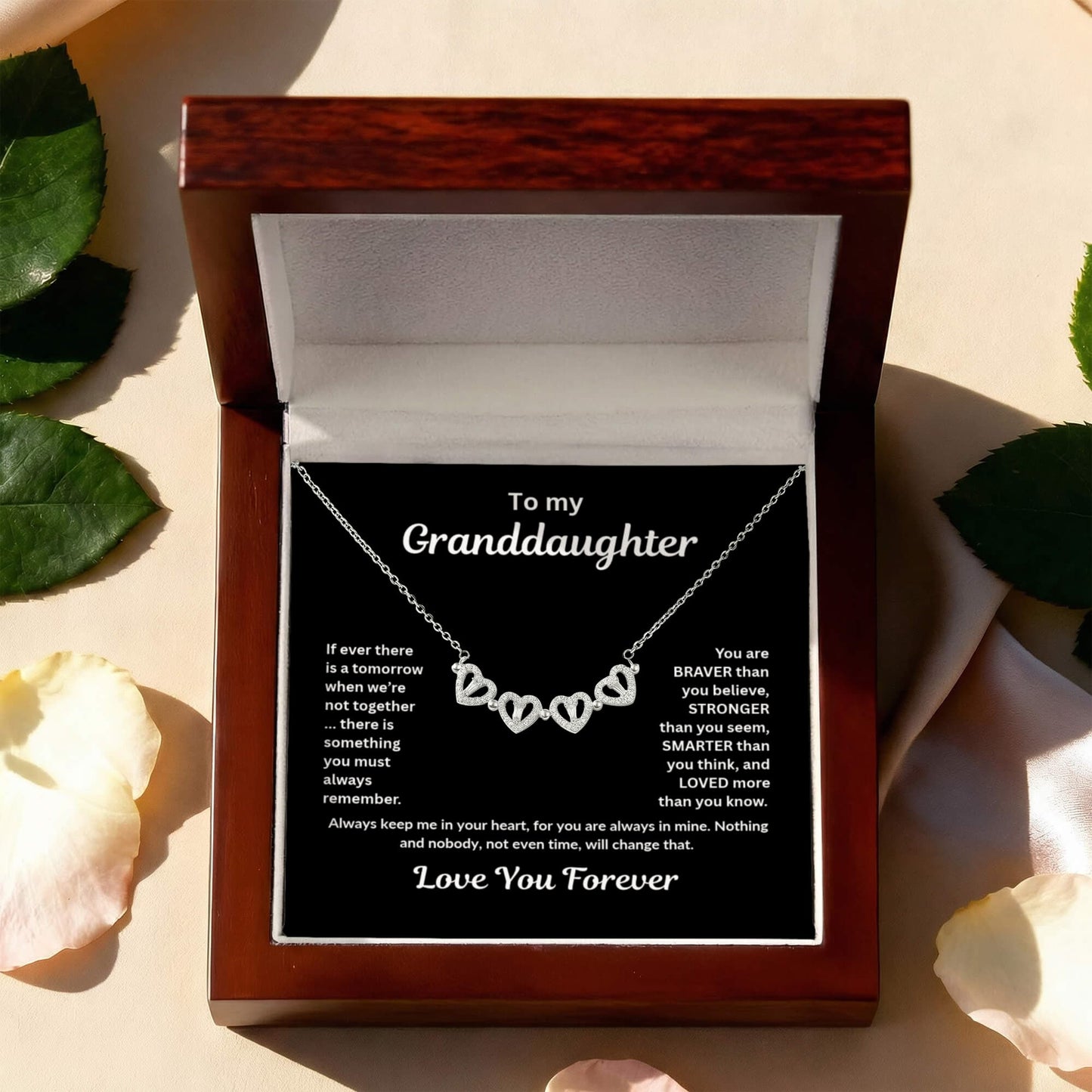 Granddaughter Necklace Magnetic Hearts Lucky Clover Braver Stronger Smarter Black