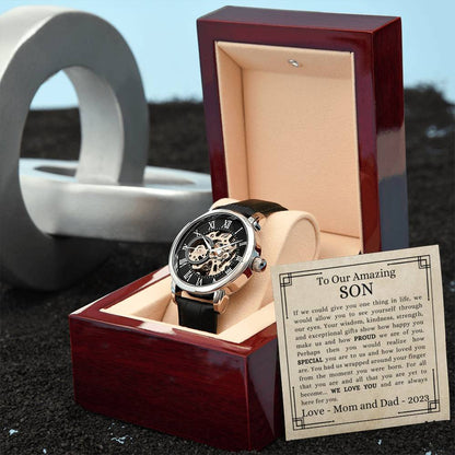 TO OUR AMAZING SON | Men's Openwork Watch | Tan Card