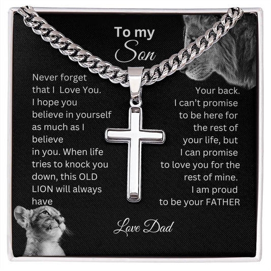 To My Son | This Old Lion| Personalized Steel Cross on Cuban Chain