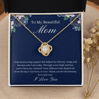 To My Beautiful Mom - Blue Flower Love Knot Necklace