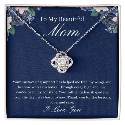 To My Beautiful Mom - Blue Flower Love Knot Necklace