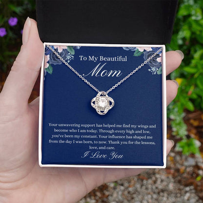 To My Beautiful Mom - Blue Flower Love Knot Necklace