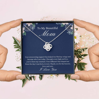 To My Beautiful Mom - Blue Flower Love Knot Necklace