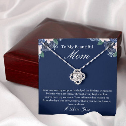 To My Beautiful Mom - Blue Flower Love Knot Necklace