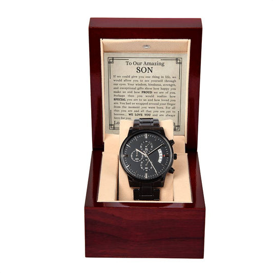 TO OUR AMAZING SON | Black Chronograph Watch | Tan card