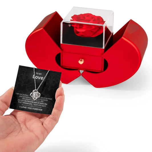 To My Love Preserved Rose Box Gift Set - Hidden Drawer Necklace (Love Knot Pendant)