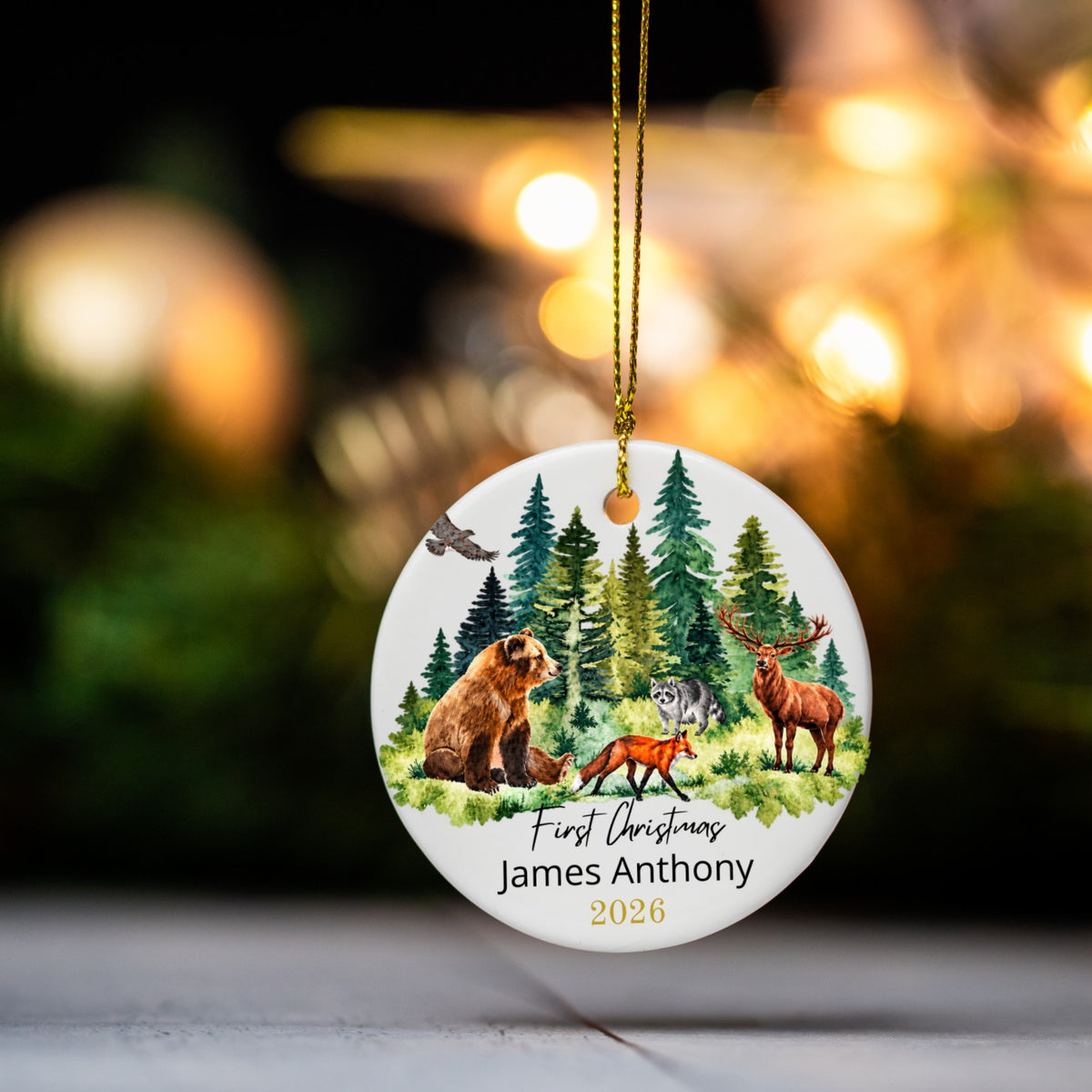 Personalized First Christmas Woodland Ceramic Ornament with Gift Box