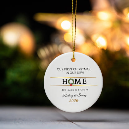Our First Christmas In Our New Home Wreath Ceramic Ornament with Gift Box