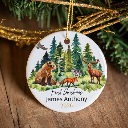 Personalized First Christmas Woodland Ceramic Ornament with Gift Box